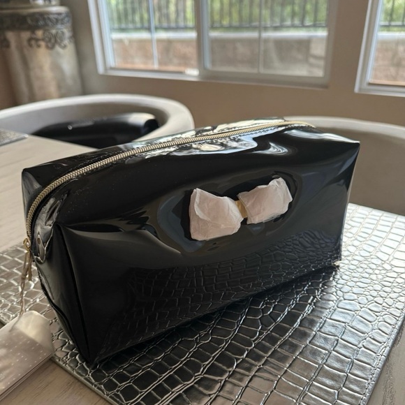 Black Cosmetic Bag with Bow Accent - Picture 1 of 6
